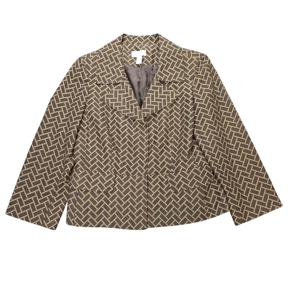 Ann Taylor LOFT Snap Front Blazer Women's Size 8 Brown Tan Geometric Basketweave